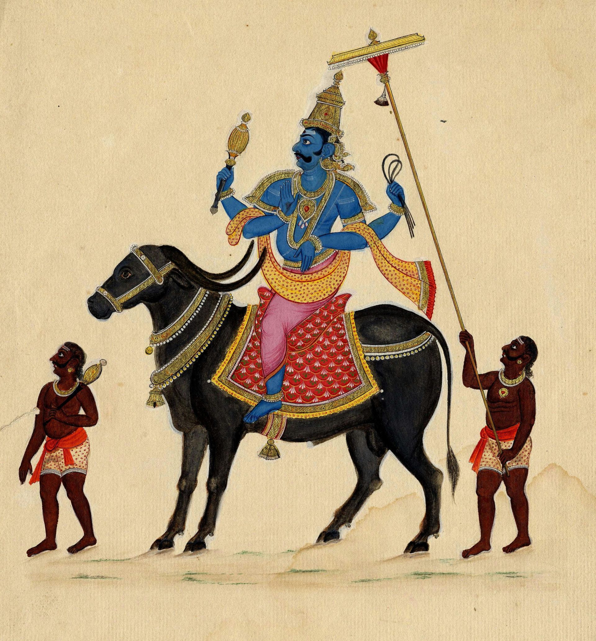 A circa-1820 painting of Yama, the Hindu deity of death, seated on his buffalo mount