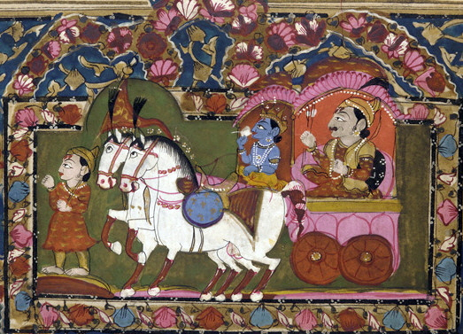 An 18th-19th century Indian painting of Krishna and Arjuna on the chariot from the Mahabharata