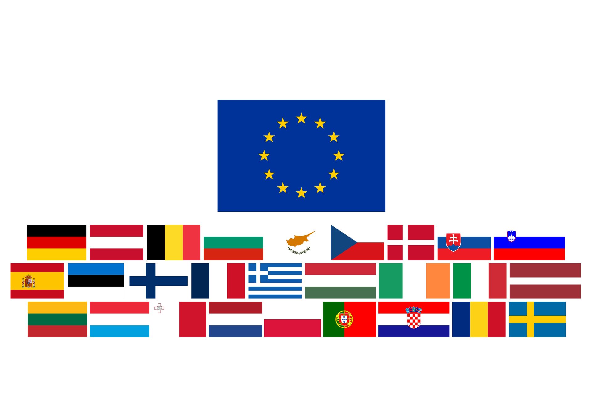 The national flags of the European Union's member states arranged together